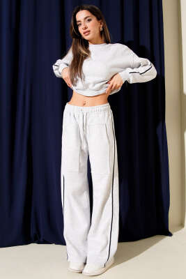 Pazarium - Yanları Şeritli Üç İplik Sweatli İkili Takım Melanj Gri