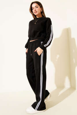 Yanları Şeritli Üç İplik Sweatli İkili Takım Siyah - Thumbnail