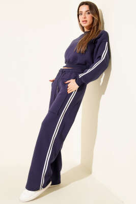 Yanları Şeritli Üç İplik Sweatli İkili Takım Lacivert - Thumbnail