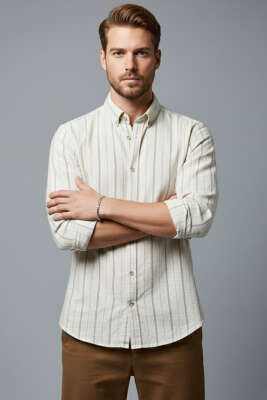 Pazarium - Geniş Çizgili Erkek Keten Gömlek Kahve