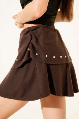 Katlı Zımbalı Mini Kaşe Etek Kahve - Thumbnail