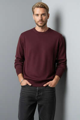 Pazarium - Bisiklet Yaka Basic Erkek Kazak Bordo