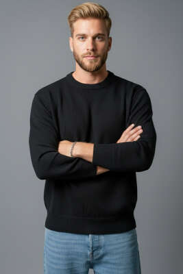 Pazarium - Bisiklet Yaka Basic Erkek Kazak Siyah