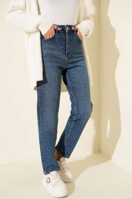 Pazarium - Mini Taşlı Kot Pantolon Mavi