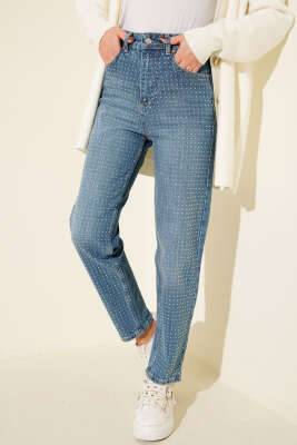 Pazarium - Mini Taşlı Kot Pantolon Açık Mavi