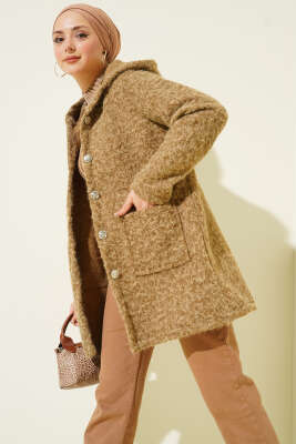 Pazarium - Düğmeli Kapüşonlu Buklet Hırka Vizon