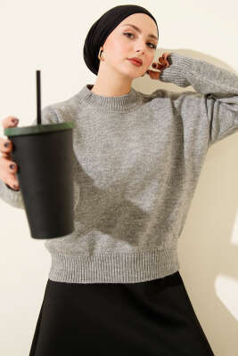 Pazarium - Düz Yumoş Triko Kazak Gri