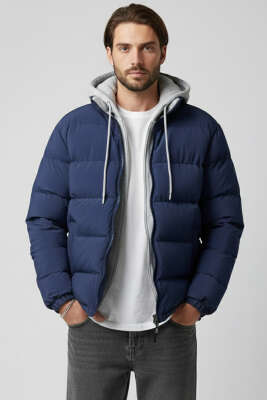 Pazarium - Çıkarılabilir Kapüşonlu Erkek Şişme Mont Lacivert