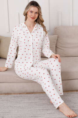 Pazarium - Kruvaze Yaka Kiraz Nakışlı Pijama Takımı Beyaz