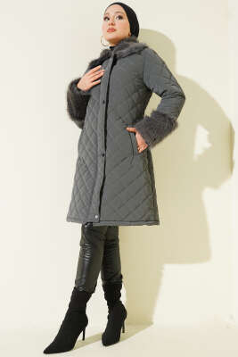 Pazarium - Yaka ve Bilek Kürklü Kapitone Mont Füme