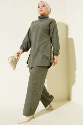 Pazarium - Dikişli Yarım Fermuarlı Kaşe İkili Takım Haki
