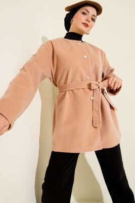 Düğmeli Kuşaklı Tay Tüyü Ceket Latte - Thumbnail