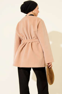 Düğmeli Kuşaklı Tay Tüyü Ceket Latte - Thumbnail