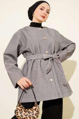 Pazarium - Düğmeli Kuşaklı Tay Tüyü Ceket Gri