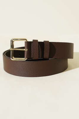 Pazarium - Kroko Görünümlü Metal Tokalı Kemer Gold Kahve