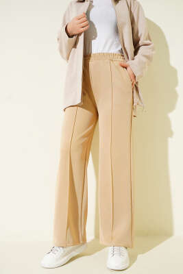 Pazarium - Bel Lastikli Çımalı Scuba Pantolon Camel