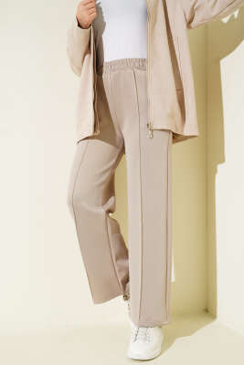 Pazarium - Bel Lastikli Çımalı Scuba Pantolon Bej