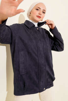 Pazarium - Fermuarlı Gömlek Yaka Süet Ceket Lacivert
