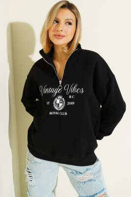 Pazarium - Vintage Baskılı Fermuarlı Üç İplik Sweatshirt Siyah