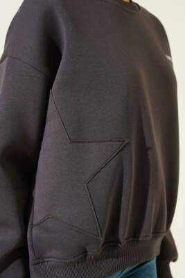 Üç İplik Yıldız Parçalı Sweatshirt Füme - Thumbnail