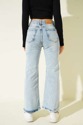 Geniş Paça Yıpratmalı Kot Pantolon Açık Kar - Thumbnail