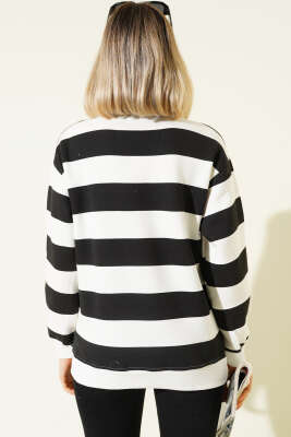 Yatay Çizgili Fermuarlı Üç İplik Sweatshirt Siyah - Thumbnail