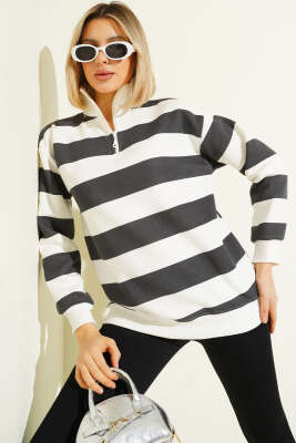 Yatay Çizgili Fermuarlı Üç İplik Sweatshirt Füme - Thumbnail