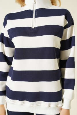 Yatay Çizgili Fermuarlı Üç İplik Sweatshirt Lacivert - Thumbnail