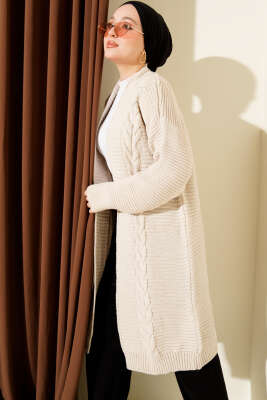 Pazarium - Yatay Çizgi Kabartmalı Triko Hırka Taş