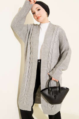 Pazarium - Yatay Çizgi Kabartmalı Triko Hırka Gri