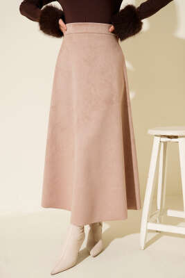 Pazarium - Bel Lastikli Süet Kloş Etek Bej