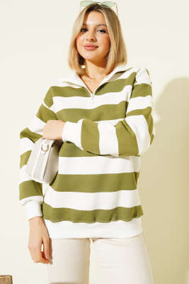 Yatay Çizgili Fermuarlı Üç İplik Sweatshirt Haki - Thumbnail