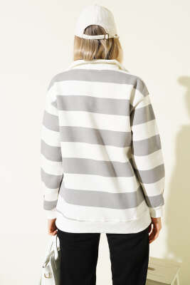 Yatay Çizgili Fermuarlı Üç İplik Sweatshirt Gri - Thumbnail