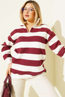 Yatay Çizgili Fermuarlı Üç İplik Sweatshirt Bordo - Thumbnail