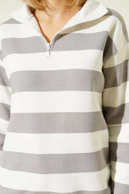 Yatay Çizgili Fermuarlı Üç İplik Sweatshirt Gri - Thumbnail