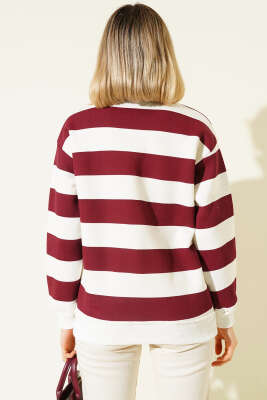 Yatay Çizgili Fermuarlı Üç İplik Sweatshirt Bordo - Thumbnail