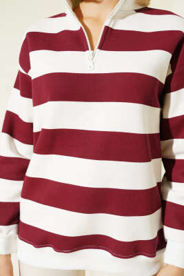 Yatay Çizgili Fermuarlı Üç İplik Sweatshirt Bordo - Thumbnail