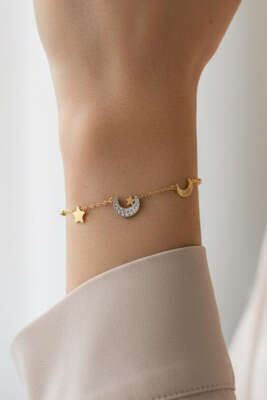 Pazarium - Mini Taşlı Yıldızlı Bileklik Gold