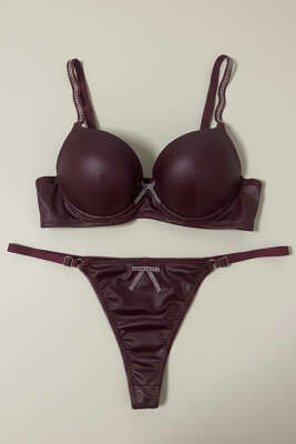 Pazarium - Taşlı Deri Garnili Sütyen Takımı Bordo