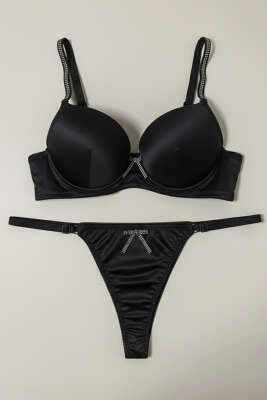 Pazarium - Taşlı Deri Garnili Sütyen Takımı Siyah