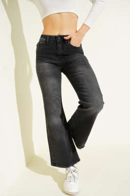 Pazarium - Geniş Paça Yıpratmalı Kot Pantolon Füme