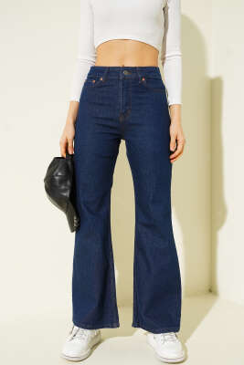 Geniş Paça Yıpratmalı Kot Pantolon Lacivert - Thumbnail