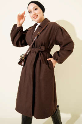 Pazarium - Bilekleri Lastikli Kaşe Kaban Kahve