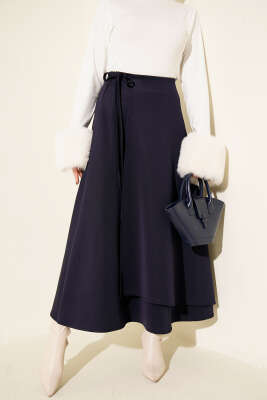 Pazarium - İp Bağlamalı Kloş Scuba Etek Lacivert