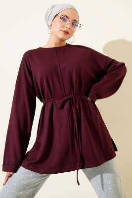 Pazarium - Bisiklet Yaka İp Kuşaklı Tunik Mürdüm