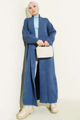 Pazarium - Şal Yaka Basic Uzun Triko Hırka İndigo