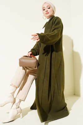 Pazarium - Şal Yaka Basic Uzun Triko Hırka Haki