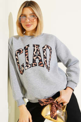 Leopar Baskılı Üç İplik Sweatshirt Gri - Thumbnail