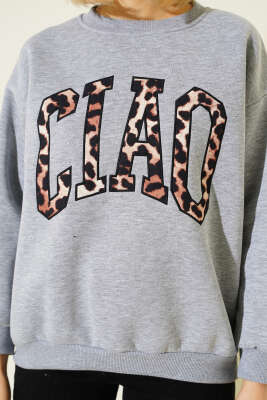Leopar Baskılı Üç İplik Sweatshirt Gri - Thumbnail