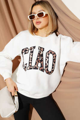 Pazarium - Leopar Baskılı Üç İplik Sweatshirt Ekru